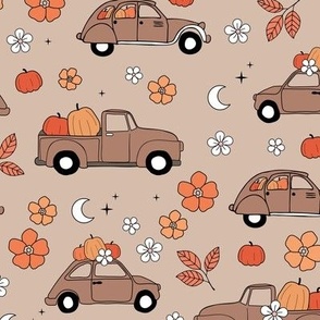 Driving home for fright night cars - halloween pumpkins and autumn leaves traffic moon and stars seventies orange brown beige tan