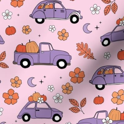 Driving home for fright night cars - halloween pumpkins and autumn leaves traffic moon and stars lilac orange on pink