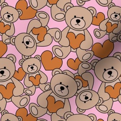 Retro little teddy bear - valentine bears with hearts kids toy nineties nostalgia burnt orange beige on pink girls seventies palette