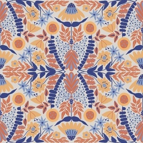 Decorative whimsical magical flower & leaf symmetry with royal blue warm yellow terracotta orange sky blue symmetric flowers on ivory off-white beige taupe in Floral Farmhouse, Boho Country Home, Romantic Cottage Chic for Garden Upholstery, Kitchen Wallpa