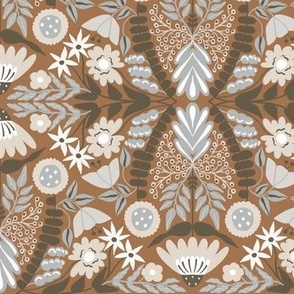 Decorative whimsical magical flower & leaf symmetry with sand beige light taupe grey nude symmetric flowers on caramel brown camel tan in Floral Farmhouse, Boho Country Home, Romantic Cottage Chic for Garden Upholstery, Kitchen Wallpaper