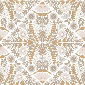 Decorative whimsical magical flower & leaf symmetry with sand beige light taupe grey nude symmetric flowers on ivory off-white in Floral Farmhouse, Boho Country Home, Romantic Cottage Chic for Garden Upholstery, Kitchen Wallpaper