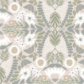 Decorative whimsical magical flower & leaf symmetry with pastel green pale blue light taupe grey ivory off-white symmetric flowers on beige in Floral Farmhouse, Boho Country Home, Romantic Cottage Chic for Garden Upholstery, Kitchen Wallpaper