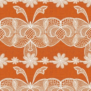 Handdrawn French vintage lace in vintage white on deep orange burlap hessian texture 12” repeat autumn fall