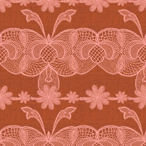 Handdrawn French vintage lace in vintage pale peach in burnt orange  hessian texture 612” repeat autumn fall
