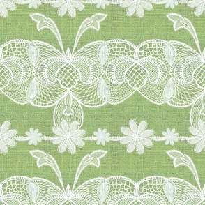 Handdrawn French vintage lace in vintage white on mint lime green hessian texture 12” repeat autumn fall