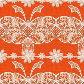 Handdrawn French vintage lace in vintage white on bright orange burlap hessian texture 12” repeat autumn fall