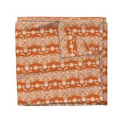Handdrawn French vintage lace in vintage white on deep orange burlap hessian texture 6” repeat autumn fall