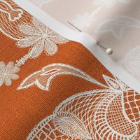 Handdrawn French vintage lace in vintage white on deep orange burlap hessian texture 6” repeat autumn fall