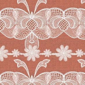 Handdrawn French vintage lace in vintage white lace on coral terracotta burlap hessian texture 6” repeat 