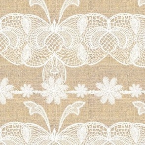 Wedding Handdrawn French vintage lace in vintage  white lace on french flax cream  burlap hessian texture 6” repeat