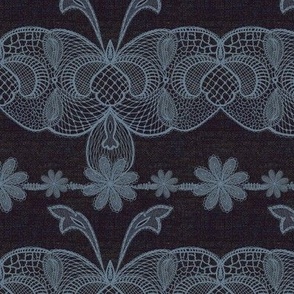 Handdrawn French vintage lace in vintage  blue grey lace on black burlap hessian texture 6” repeat gothic Emo