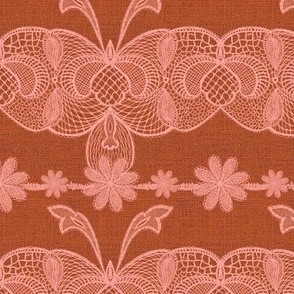 Handdrawn French vintage lace in vintage pale peach in burnt orange  hessian texture 6” repeat autumn fall