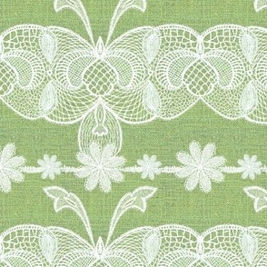 Handdrawn French vintage lace in vintage white on mint lime green hessian texture 6” repeat autumn fall