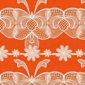 Handdrawn French vintage lace in vintage white on bright orange burlap hessian texture 6” repeat autumn fall