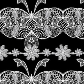 Handdrawn French vintage lace in vintage white on black burlap hessian texture 6” repeat autumn fall