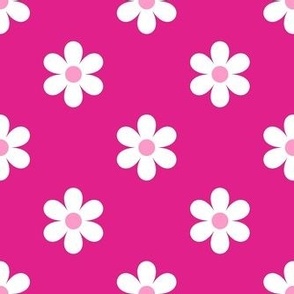 Medium Scale Barbiecore Flower Power White Daisies on Shocking Pink