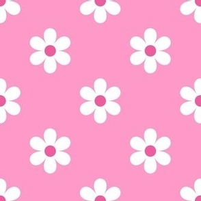 Medium Scale Barbiecore Flower Power White Daisies on Light Pink