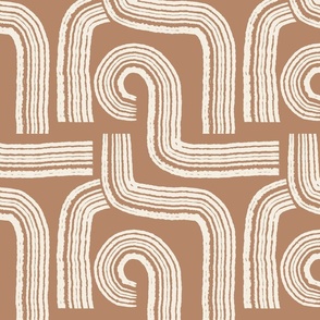 Contemporary Geometric Hand-drawn Ivory Ecru Off-White Line Art in Maze Stripes Grid Design on Trendy Terracotta Orange Caramel Camel Tan in Modern Minimalistic Mid-Century Aesthetic for Boho Upholstery, Bold Wallpaper & Scandinavian Home Décor