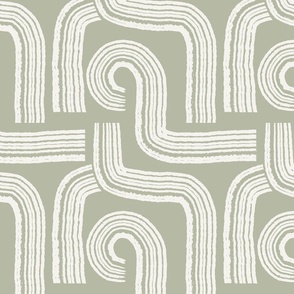 Contemporary Geometric Hand-drawn Ivory Ecru Off-White Line Art in Maze Stripes Grid Design on Trendy Light Olive Green Sage Green Pigeon Green in Modern Minimalistic Mid-Century Aesthetic for Boho Upholstery, Bold Wallpaper & Scandinavian Home Décor