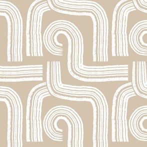 Contemporary Geometric Hand-drawn Ivory Ecru Off-White Line Art in Maze Stripes Grid Design on Trendy Latte Brown Light Beige in Modern Minimalistic Mid-Century Aesthetic for Boho Upholstery, Bold Wallpaper & Scandinavian Home Décor