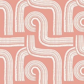 Contemporary Geometric Hand-drawn Ivory Ecru Off-White Line Art in Maze Stripes Grid Design on Trendy Light Pink Clay Blush Peach in Modern Minimalistic Mid-Century Aesthetic for Boho Upholstery, Bold Wallpaper & Scandinavian Home Décor