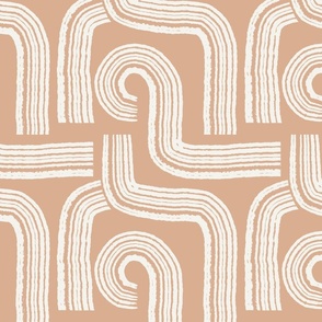 Contemporary Geometric Hand-drawn Ivory Ecru Off-White Line Art in Maze Stripes Grid Design on Trendy Soft Terracotta Copper Apricot in Modern Minimalistic Mid-Century Aesthetic for Boho Upholstery, Bold Wallpaper & Scandinavian Home Décor