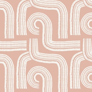 Contemporary Geometric Hand-drawn Ivory Ecru Off-White Line Art in Maze Stripes Grid Design on Trendy Soft Terracotta Salmon Pink Blush in Modern Minimalistic Mid-Century Aesthetic for Boho Upholstery, Bold Wallpaper & Scandinavian Home Décor