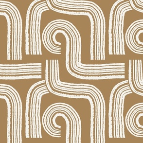 Contemporary Geometric Hand-drawn Ivory Ecru Off-White Line Art in Maze Stripes Grid Design on Trendy Rich Oak Caramel Camel Tan in Modern Minimalistic Mid-Century Aesthetic for Boho Upholstery, Bold Wallpaper & Scandinavian Home Décor