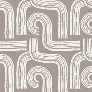 Contemporary Geometric Hand-drawn Ivory Ecru Off-White Line Art in Maze Stripes Grid Design on Trendy Dark Taupe Greige Grey Beige in Modern Minimalistic Mid-Century Aesthetic for Boho Upholstery, Bold Wallpaper & Scandinavian Home Décor