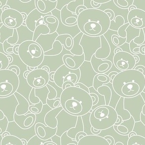 Minimalist style tossed teddy bears - sweet tossed stuffed animals outline for kids white on sage green outline