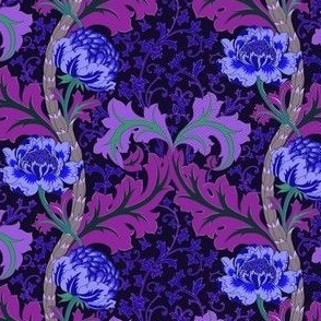 Arts and Crafts Blooming Floral Dark Moody  Blue and Purple