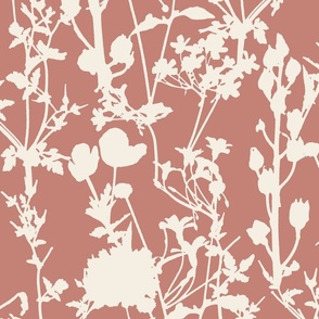 Whimsical Magical Flower Field with Botanical Flowers in Monochrome Ivory Ecru Off-White Cream on Trendy Pink Clay Mauve Antique Rose in Floral Farmhouse, Boho Country Home, Romantic Cottage Chic for Garden Tablecloth, Kitchen Wallpaper, Romantic Fabric
