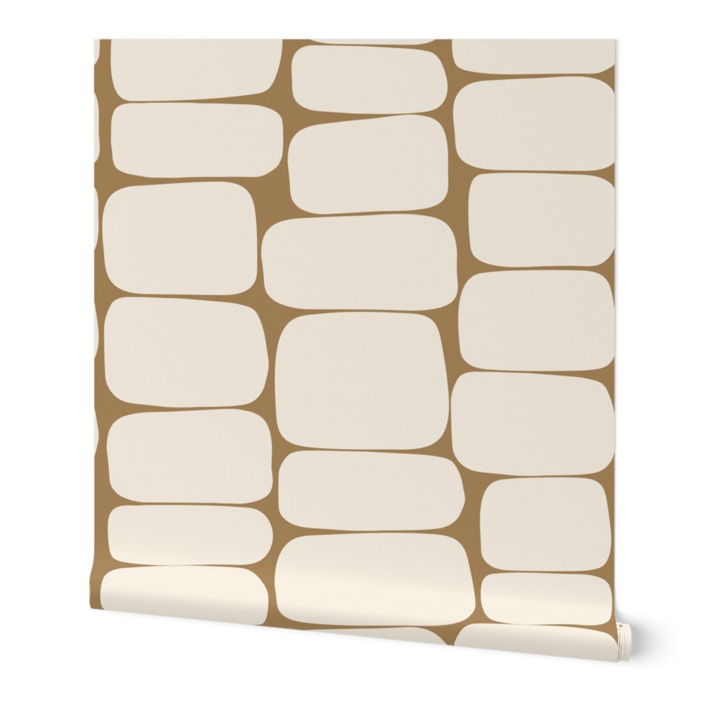 Abstract Geometric Rectangle Stone Shape with Ivory Ecru Off-White Cream on Rich Oak Camel Caramel Tan Beige in Japandi, Normcore Aesthetic with Minimalistic Vibes for Natural Boho Home Decor, Rustic Farmhouse Wallpaper & Cottage Chic Upholstery