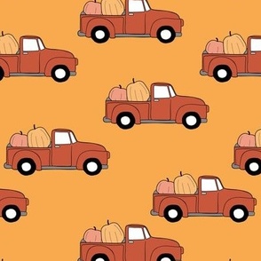Vintage pick-up truck - halloween cars filled with pumpkins retro autumn design for kids  burnt orange blush  on ochre yellow
