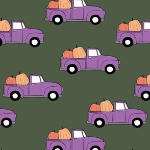 Vintage pick-up truck - halloween cars filled with pumpkins retro autumn design for kids  orange purple on pine green