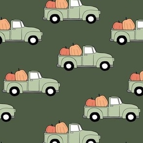 Vintage pick-up truck - halloween cars filled with pumpkins retro autumn design for kids  orange sage mint on olive green