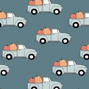 Vintage pick-up truck - halloween cars filled with pumpkins retro autumn design for kids  blush orange blue on slate 