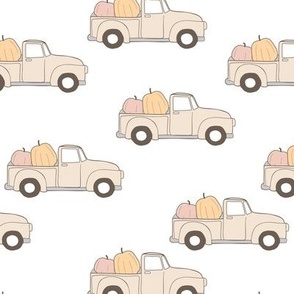 Vintage pick-up truck - halloween cars filled with pumpkins retro autumn design for kids soft pastel beige blush yellow on white