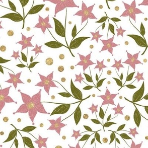 Large – delicate,textured starflowers with leaves, dots – dusty pink,green,white