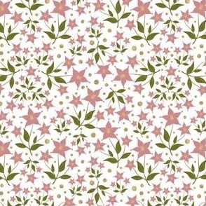Small – delicate,textured starflowers with leaves, dots – dusty pink,green,white