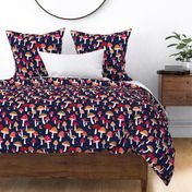 Magical forest psychedelic magic mushrooms moon and stars autumn garden retro style toadstool design red orange beige brown on navy blue LARGE