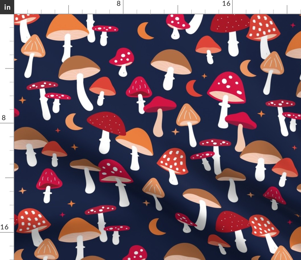 Magical forest psychedelic magic mushrooms moon and stars autumn garden retro style toadstool design red orange beige brown on navy blue LARGE