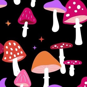 Magical forest psychedelic magic mushrooms moon and stars autumn garden retro style toadstool design nineties neon lilac orange red pink LARGE