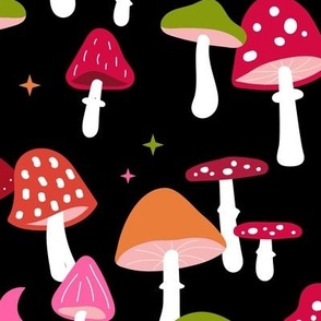 Magical forest psychedelic magic mushrooms moon and stars autumn garden retro style toadstool design nineties neon lime green orange red pink LARGE