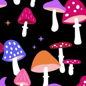 Magical forest psychedelic magic mushrooms moon and stars autumn garden retro style toadstool design nineties neon lilac pink red on black LARGE