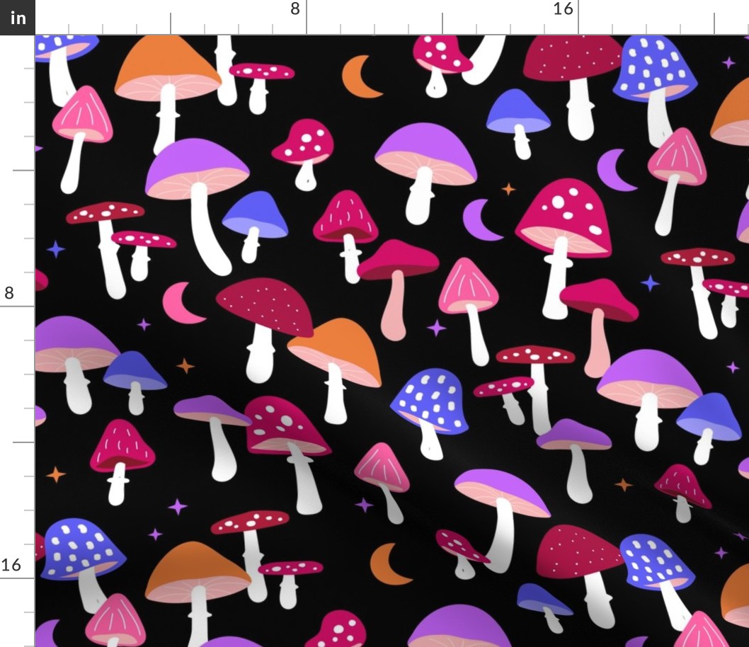 Magical forest psychedelic magic mushrooms moon and stars autumn garden retro style toadstool design nineties neon lilac pink red on black LARGE