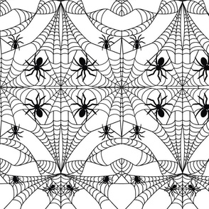 Cobweb Damask  with Spiders Black on White Repeat Pattern