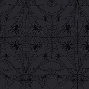 Cobweb Damask with Spiders Black on Midnight Gray Repeat Pattern