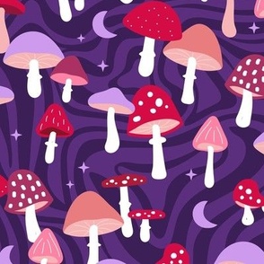 Magical forest psychedelic magic mushrooms moon and stars autumn garden retro style toadstool design nineties neon lilac blush pink red on purple swirls 